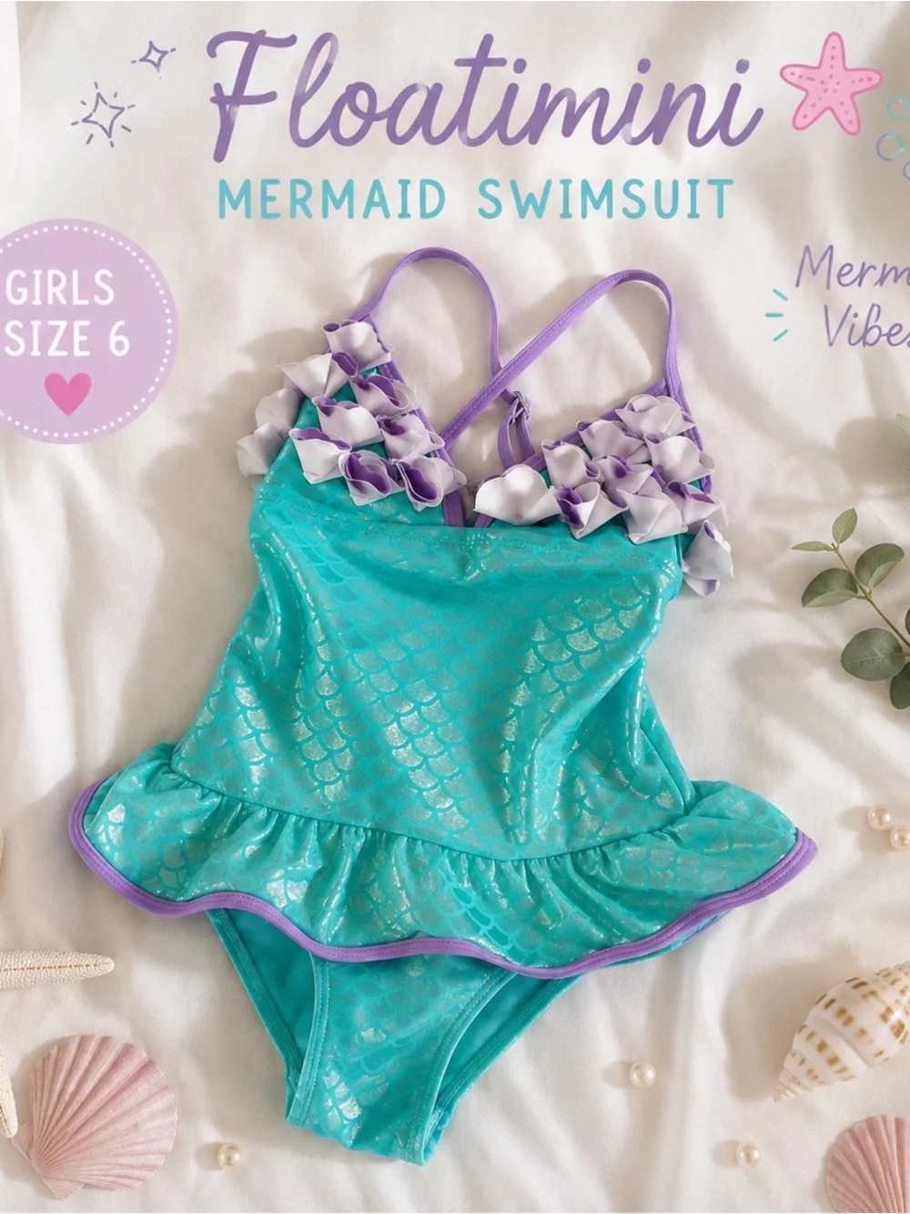 Floatimini Mermaid Swimsuit Girls Size 6 Aqua Purple Ruffle One Piece